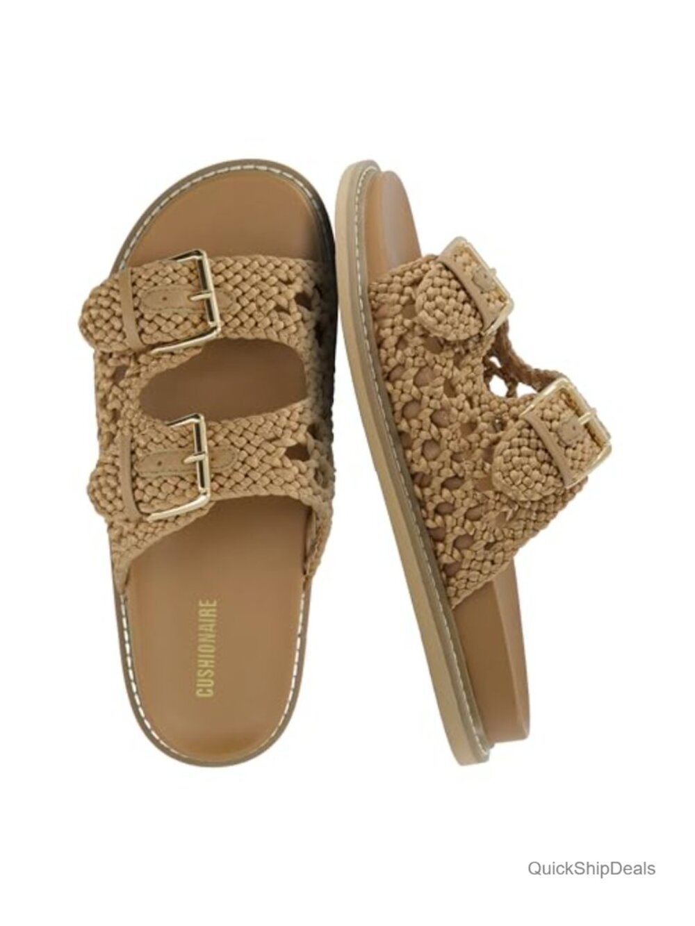 Shiny Raffia Woven Slide Sandals with Adjustable Buckle